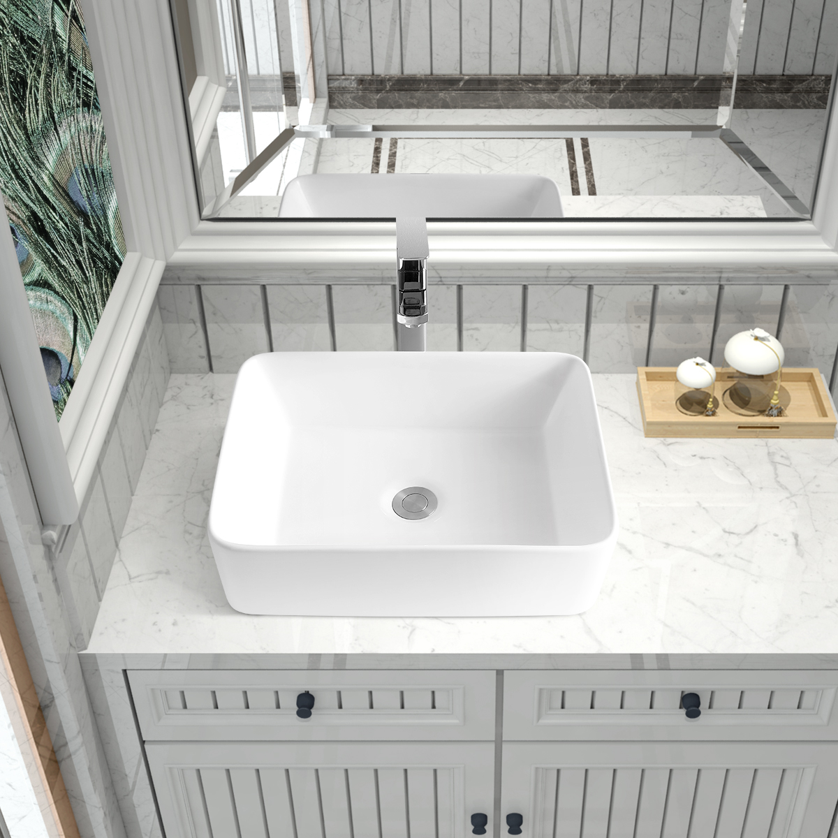 BVS1915A-OL 19" x 15" White Rectangular Ceramic Countertop Bathroom Vanity Vessel Sink