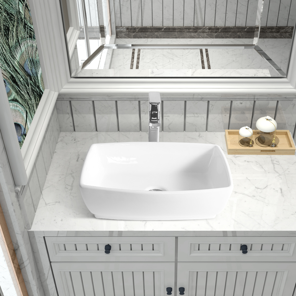 BVS1914A-OL 19" x 14" White Rectangular Ceramic Countertop Bathroom Vanity Vessel Sink