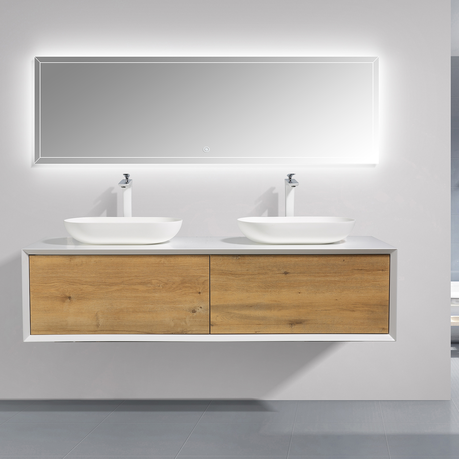 Duko Fiona 63D-OAK Wall Mounted Bathroom Vanity with Sink Combo Modern Single Bathroom Vanity Set with Top Basin & Storage Cabinet Brown Wood Hanging Bath Cabinet Sink