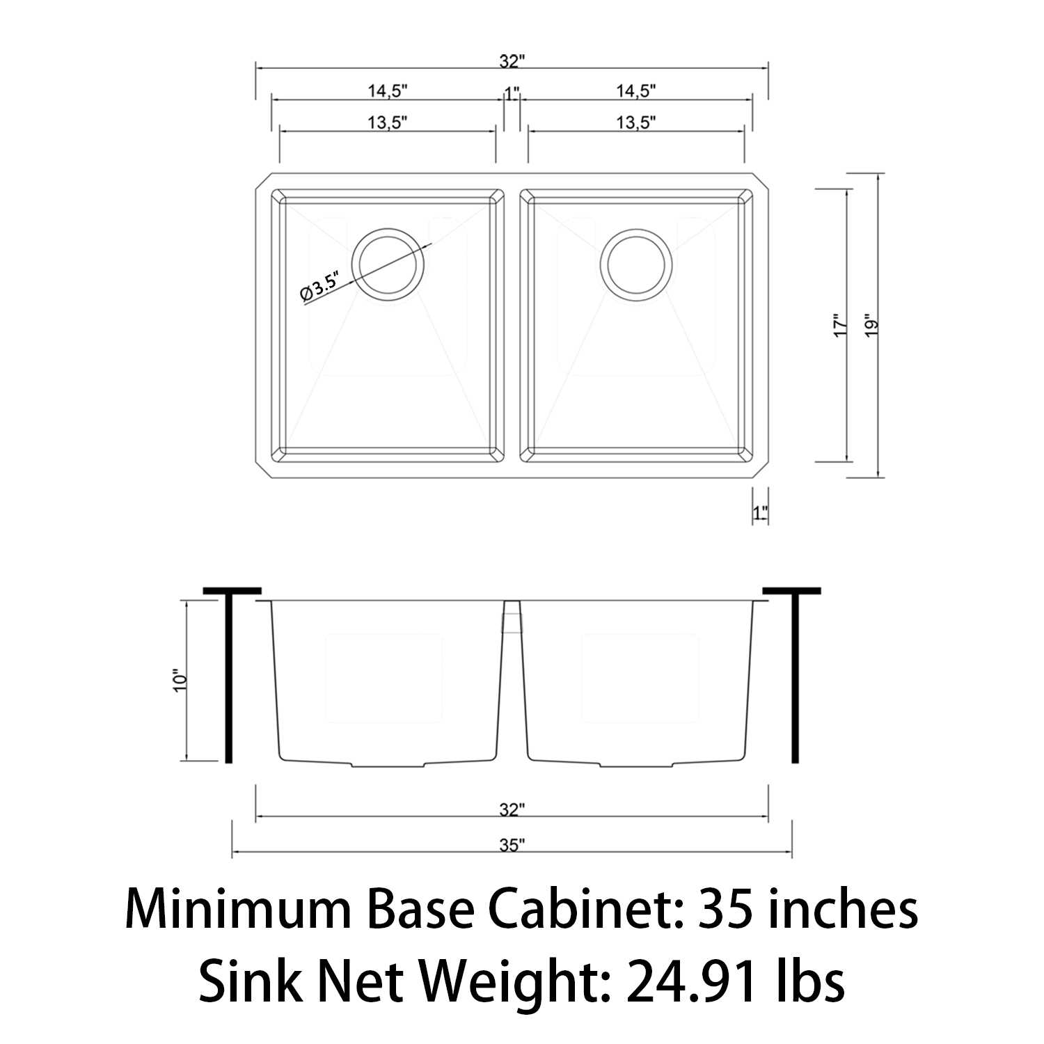 HU3219D-S 32" Undermount 18 Gauge Double Bowl 304 Stainless Steel Kitchen Sink