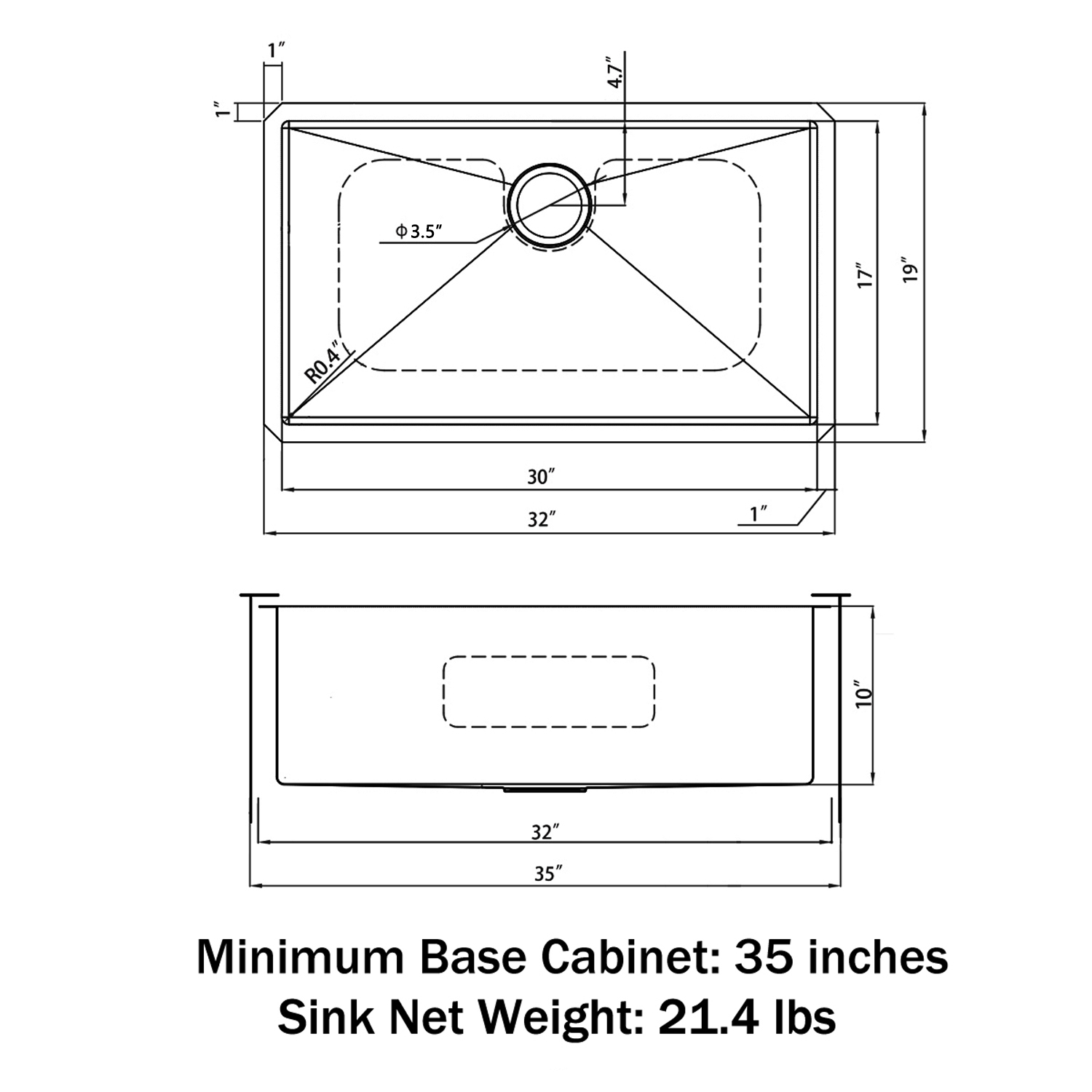 HU3219S S 32 Undermount 18 Gauge Single Bowl 304 Stainless Steel 