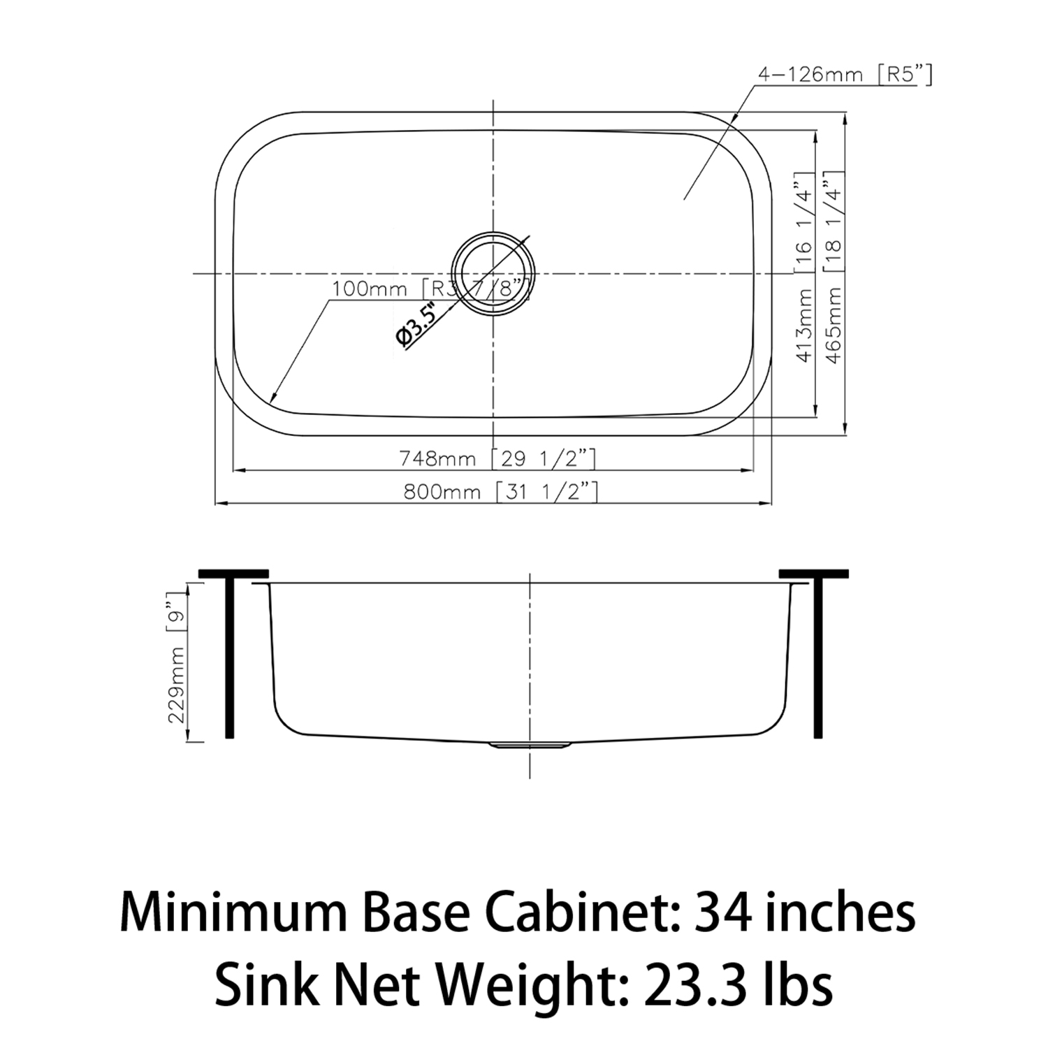 MU3118S Undermount Single Bowl 304 Stainless Steel Kitchen Sink