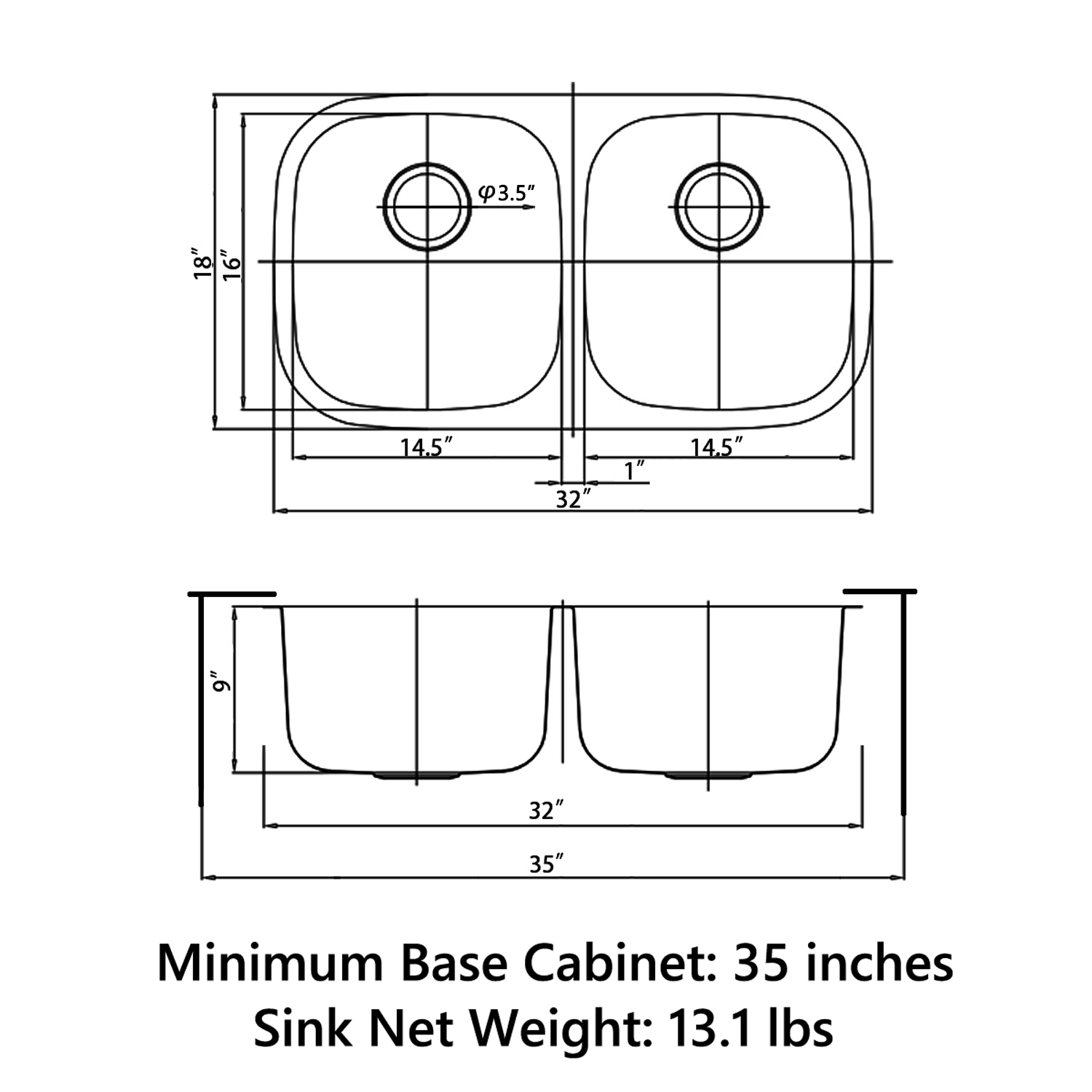 MU3218D Undermount Double Bowl 304 Stainless Steel Kitchen Sink